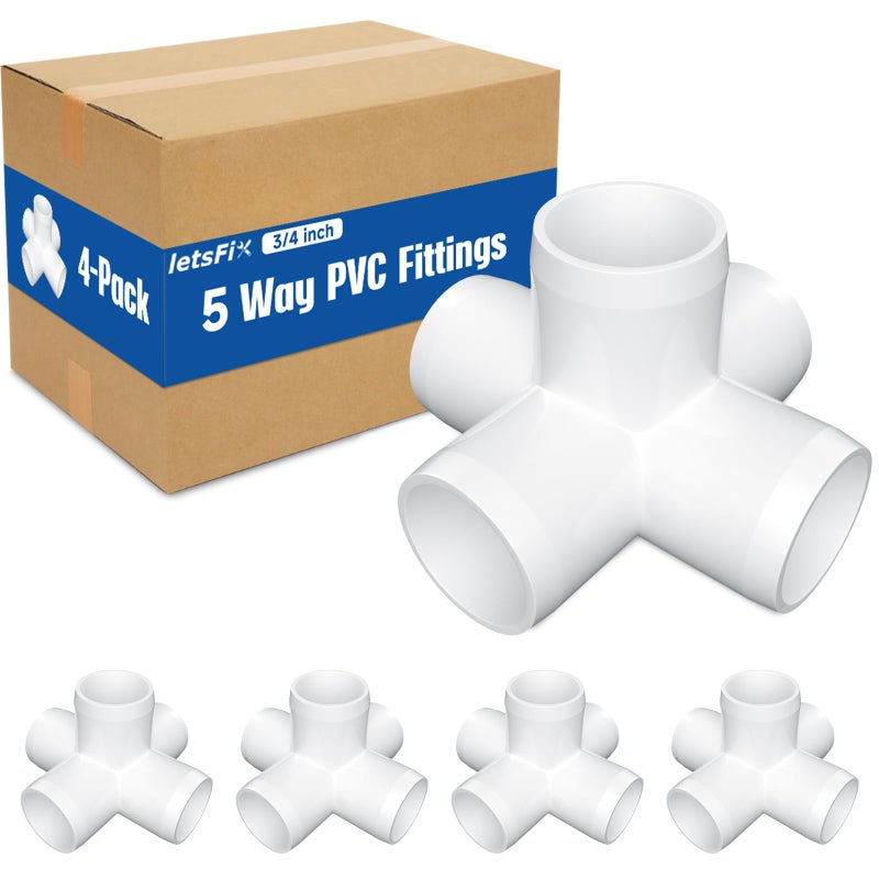 letsFix 3/4" PVC Fittings 5 Way (4-Pack) Furniture Grade, Elbow Connector, Heavy Duty for DIY Furniture, Frames, UV Resistant - Compatible with 3/4" Schedule 40 PVC Pipesâ€Œ - Image 1